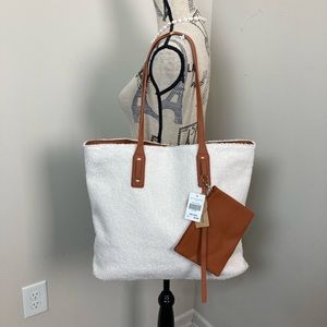 Women’s Ivory Sherpa Tote 👜 (Faux Leather & Fur) Tan Leather Trimmings